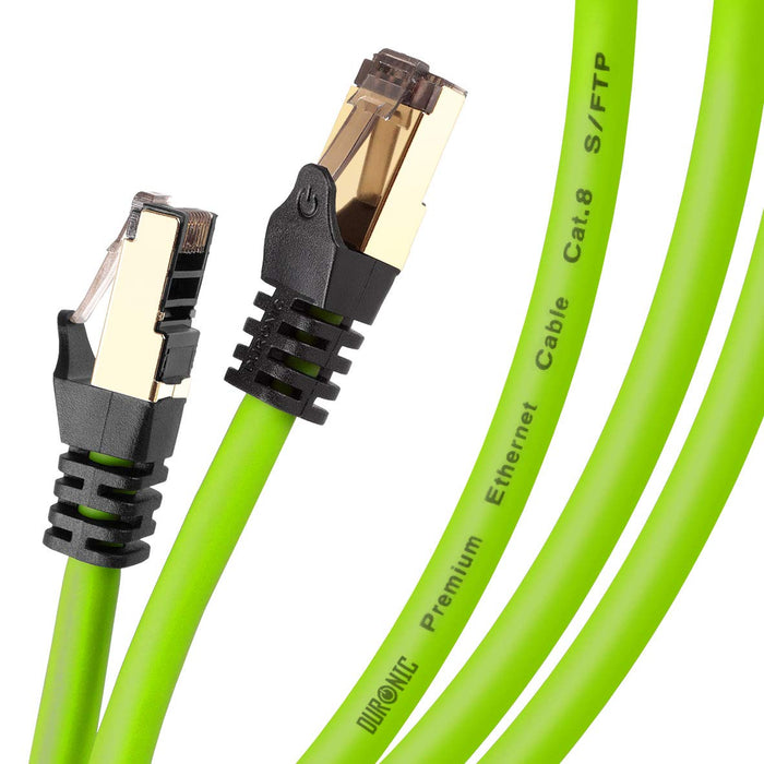 Duronic GN 1.5M CAT8 Cable de ethernet|Trenzado de los Pares Interno Y Conectores RJ45|Ancho de Banda de hasta 2GHz/2000MHz|Color Verde y Acabado Oro