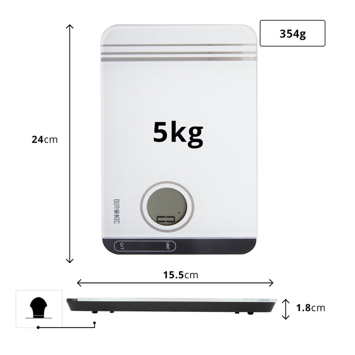 Duronic KS885 Báscula de cocina digital 24x15.5cm - Pantalla LDC - Peso máximo 5kg - Función tara - Mide en gramos, libras, onzas fluidas y mililitros - Color gris