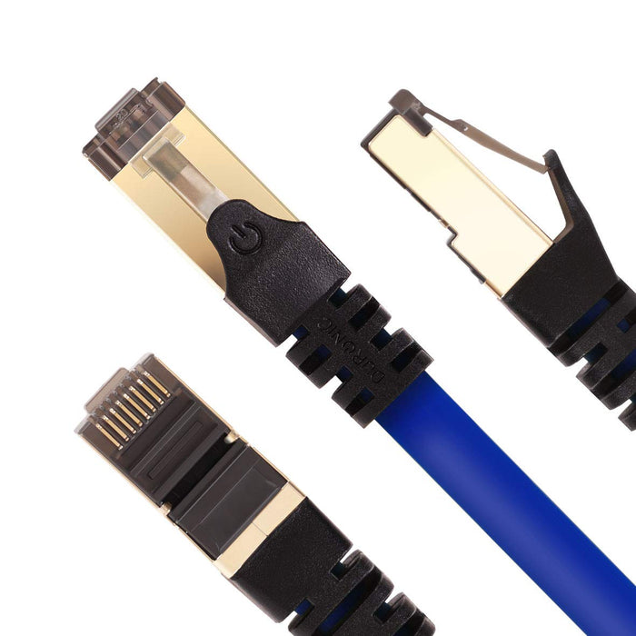 Duronic BE 5M CAT8 Cable de ethernet|Trenzado de los Pares Interno Y Conectores RJ45|Ancho de Banda de hasta 2GHz/2000MHz|Color Azul y Acabado Oro