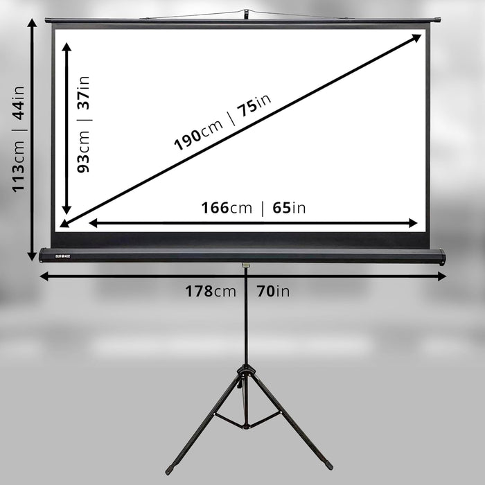 Duronic TPS75 16:9 Pantalla de proyección de TV y Cine en casa de 75 Pulgadas 190 cm | 166 x 93 cm | sobre trípode | Sistema de Bloqueo | Ganancia +1 Ideal para 3D 8K 4K 1080P
