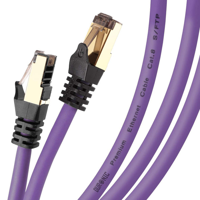 Duronic PE 0.5M CAT8 Cable de ethernet|Trenzado de los Pares Interno Y Conectores RJ45|Ancho de Banda de hasta 2GHz/2000MHz|Color Morado y Acabado Oro