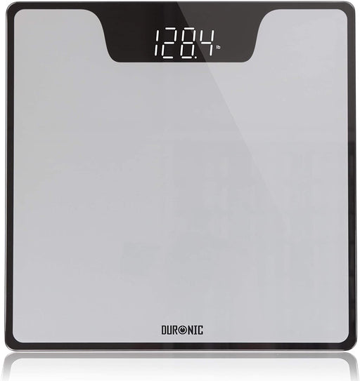 Duronic BS303 Báscula de baño digital - Capacidad máxima de 180kg – Pantalla LCD negra fácil de leer- Diseño de vidrio color plata y negro - Enciende al subirse - Peso corporal en kg, lb