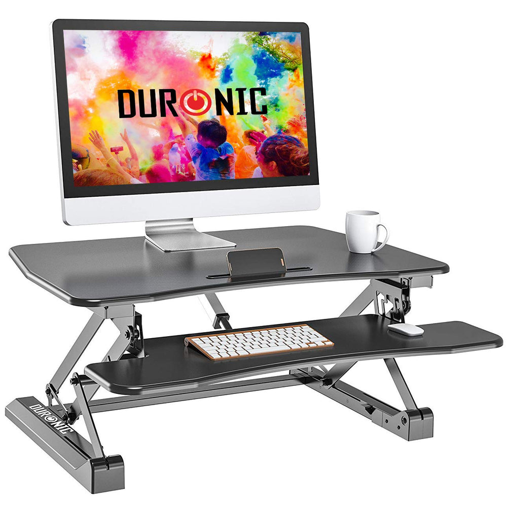 Duronic DM05D8 BK Escritorio ergonómico Standing Desk Convertible | Capacidad de hasta 3 pantallas - Para trabajar de pie o sentado - Plataforma de 90x59cm - Elevador para pantalla, teclado, portátil