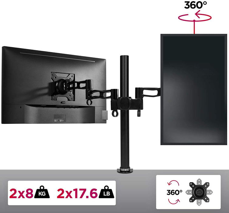Duronic DM352 BK Soporte para 2 monitores de 13" a 27" pulgadas con doble brazo 8Kg máx -Altura ajustable, giratorio, inclinable - Soporte para 2 pantallas TV LED LCD