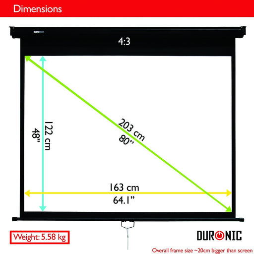Duronic MPS80 /43 Pantalla de Proyección Enrollable Manual, Pantalla para Proyector 80” 4:3 (163 x 122 cm), Full HD y 3D, Fijación de Pared y Techo