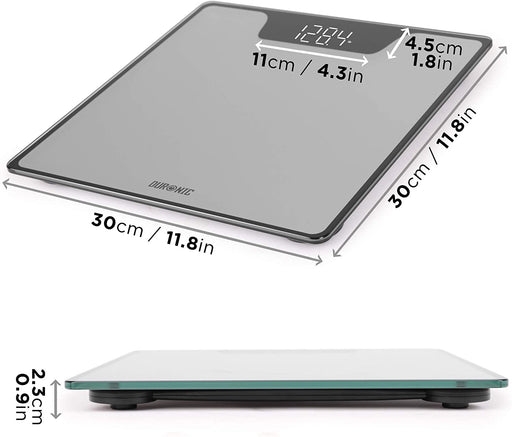 Duronic BS303 Báscula de baño digital - Capacidad máxima de 180kg – Pantalla LCD negra fácil de leer- Diseño de vidrio color plata y negro - Enciende al subirse - Peso corporal en kg, lb