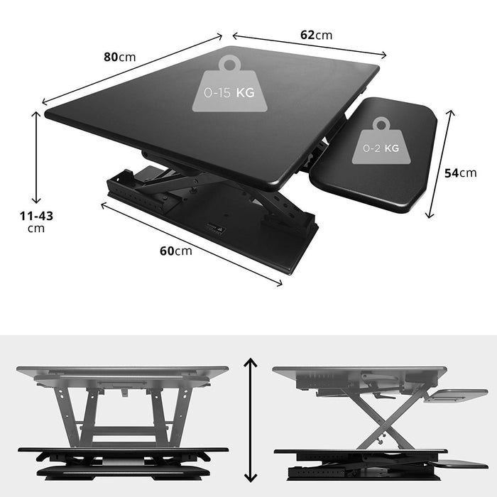 Duronic DM05D6 BK Escritorio Standing Desk para Monitor con Altura Ajustable de 11 a 43.5 cm, Superficie de 66 x 120 cm|Mesa para Trabajar de pie y Sentado