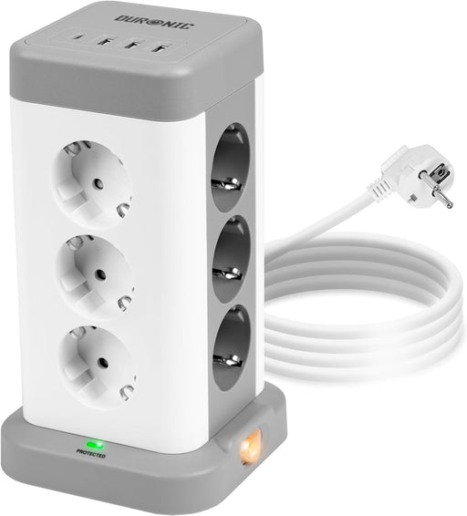 Duronic ET12C Regleta enchufes múltiple | Cubo de alimentación con 3 puertos USB A y 1 puerto USB C (3A) | Enchufe de 12 tomas 3680W 16A | Regleta con protección contra sobretensiones | Cable de 1,8m