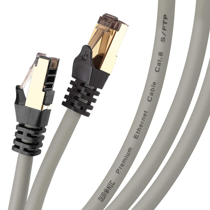 Duronic GREY 5M CAT8 Cable de ethernet – Trenzado de los pares interno Y Conectores RJ45 – Ancho de banda de hasta 2GHz/2000MHz – Color gris y acabado oro