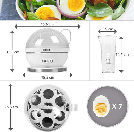 Duronic EB27 Hervidor de huevos | 400W potencia | 7 huevos | Huevos duros, huevos mollet, huevos pasados por agua | Avisador sonoro | Función mantener caliente | Protección contra hervido en seco