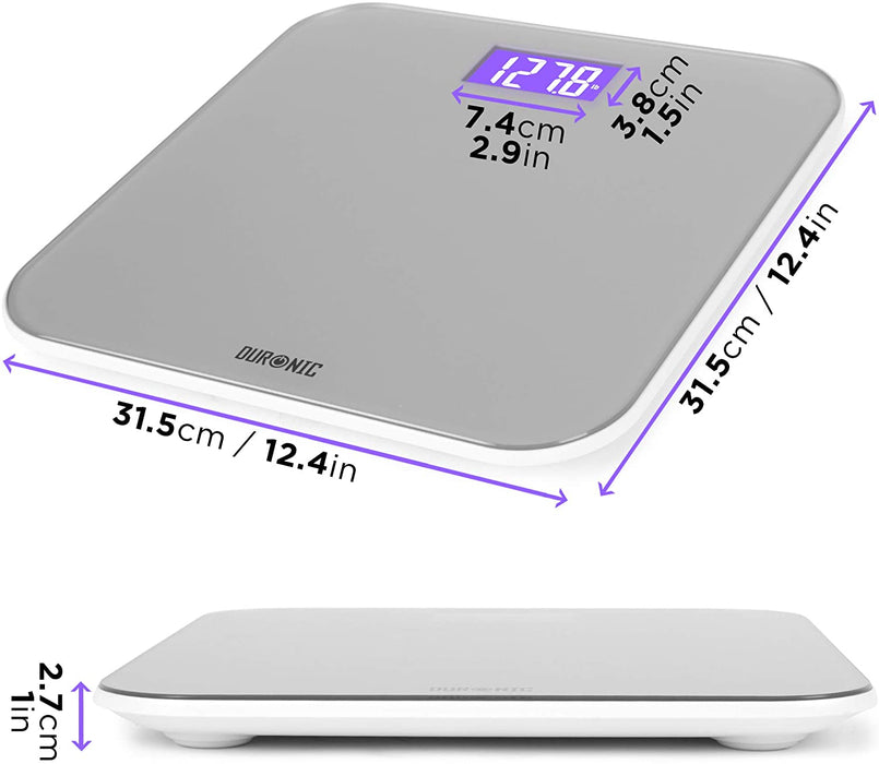 Duronic BS603 Báscula de baño digital - Capacidad máxima de 180kg – Pantalla LCD morada fácil de leer- Diseño de vidrio gris - Enciende al subirse - Peso corporal en kg, lb y st