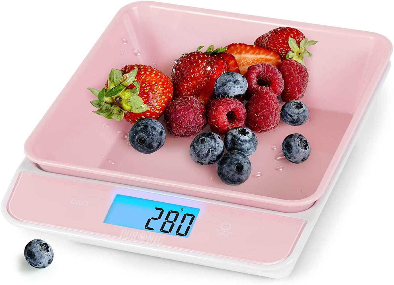 Duronic KS100 PK Báscula de cocina digital 22x18.3cm | Pantalla LCD grande con iluminación en azul | Peso máximo 5 kg | Bol de 1.2 L | Función tara | Mide en gr, lb, oz y ml - Color rosa