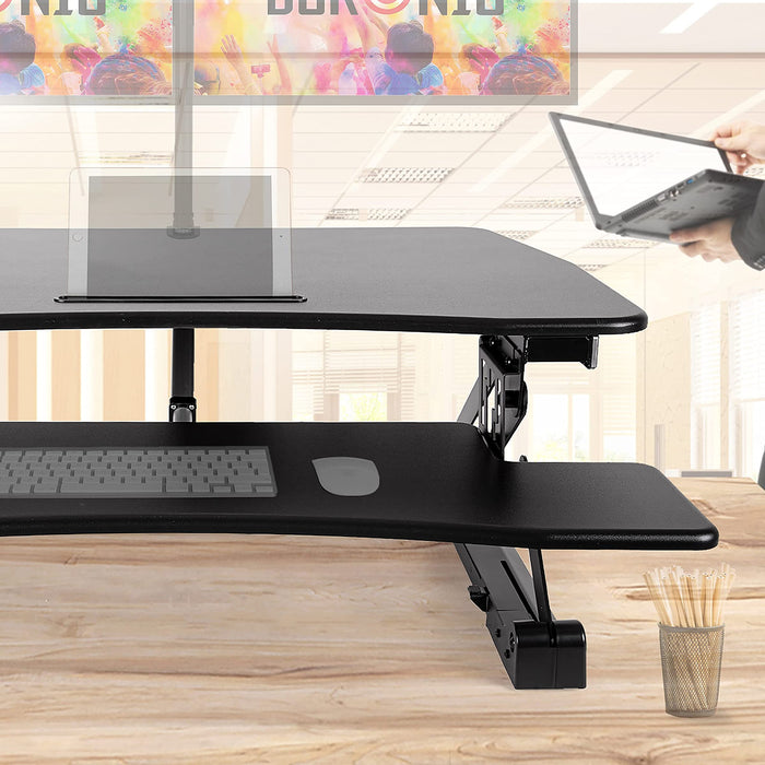 Duronic DM05D8 BK Escritorio ergonómico Standing Desk Convertible | Capacidad de hasta 3 pantallas - Para trabajar de pie o sentado - Plataforma de 90x59cm - Elevador para pantalla, teclado, portátil