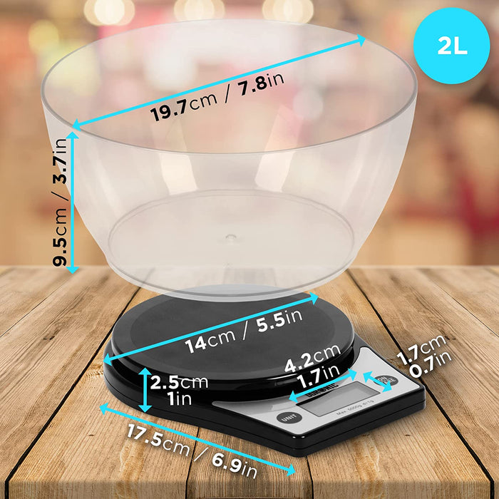 Duronic KS6000 BK Báscula de cocina digital – Pantalla LCD retroiluminación en azul – Peso máx. 5kg – Bol de 2L – Función tara –Mide en gr, lb, oz y ml - Pilas incluidas, pesa alimentos, joyas, cartas