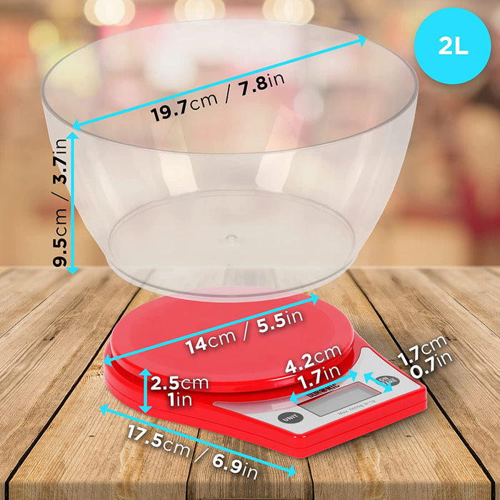 Duronic KS6000 RD Báscula de cocina digital de 14 cm diametro – Pantalla LCD con iluminación en azul – Peso máximo 5 kg – Bol de 2L – Función tara – Mide en gr, lb, oz y ml - Color rojo