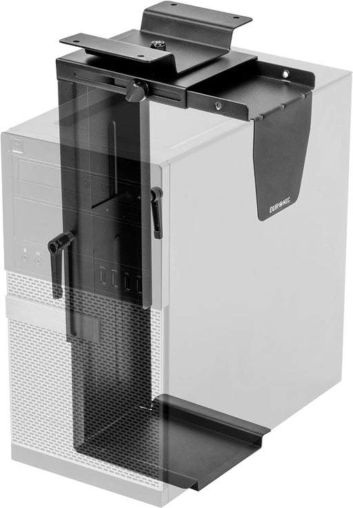 Duronic DMHD1 Soporte de torre de ordenador | Soporte flotante de almacenamiento bajo escritorio para CPU | Giratorio 360° | Ajustable en altura de 28 a 48,5 cm y profundidad | Color Negro